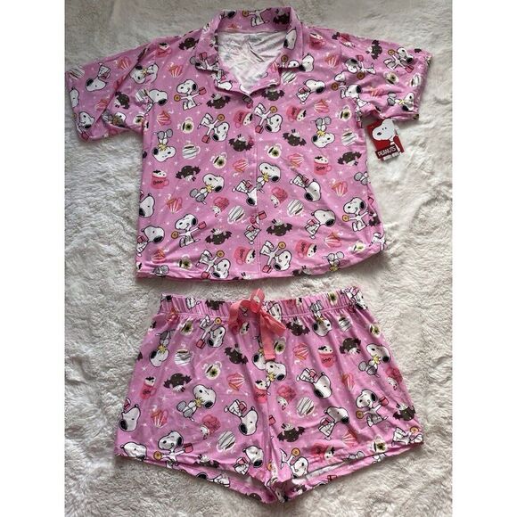 2pc Halloween Snoopy Pajama PJ Set Shorts Women’s Sz XL Hot Cocoa Bats Pink NEW - Picture 1 of 15